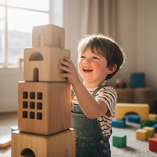 Ein kleiner Junge lächelt beim Spielen mit großen Holzbausteinen